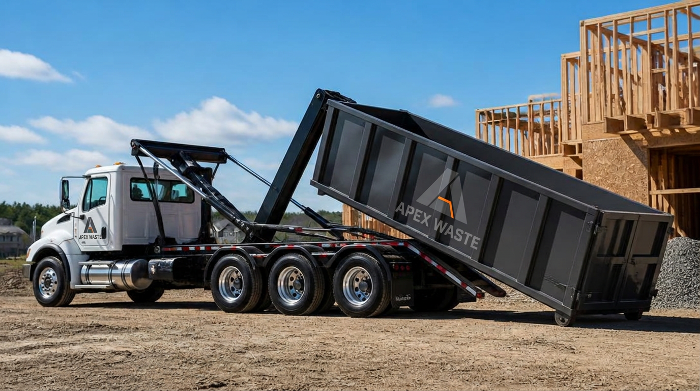 Apex Waste roll-off dumpster truck delivering a container at a construction site