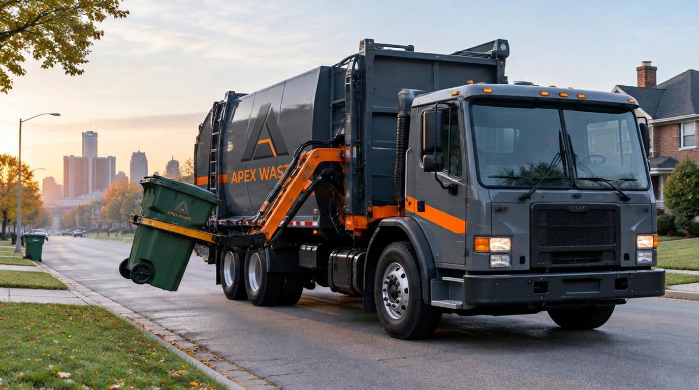 Apex Waste residential garbage truck collecting a trash cart on a neighborhood street